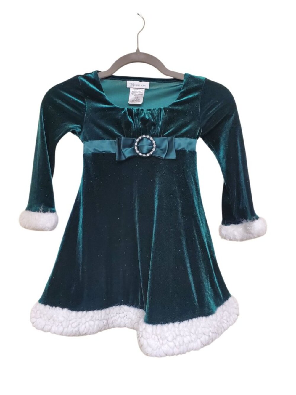 Bonnie Jean Girl's Green Sparkly Sherpa Trim Long Sleeve Holiday Photo Dress 5